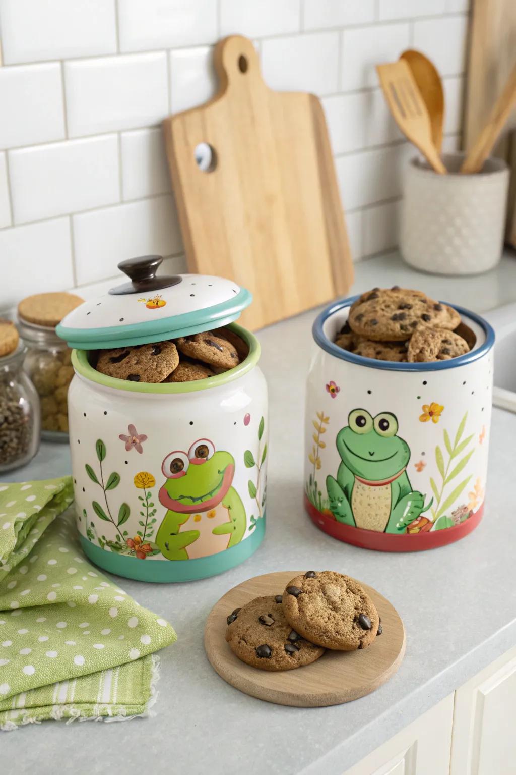 Amphibian-themed confection repositories store treats stylishly.