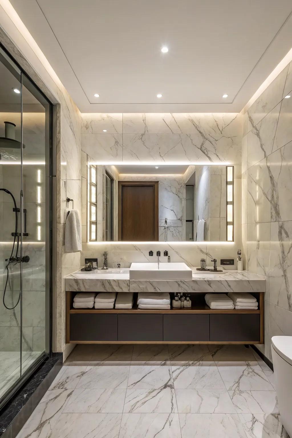 A classic bathroom design featuring a marble backdrop and a sleek illuminated mirror.