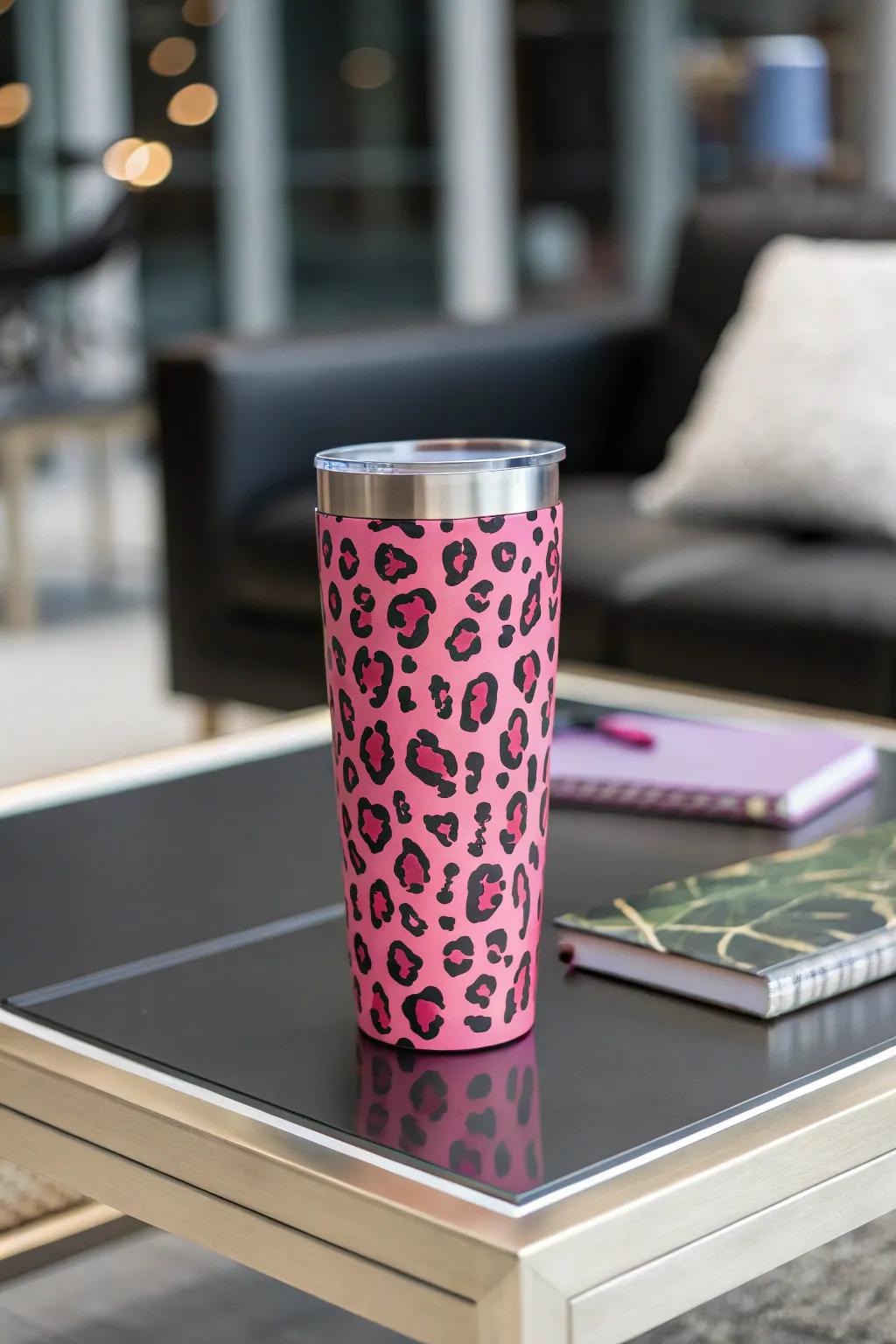 Issue a proclamation through an audacious roseate wildcat print tumbler.