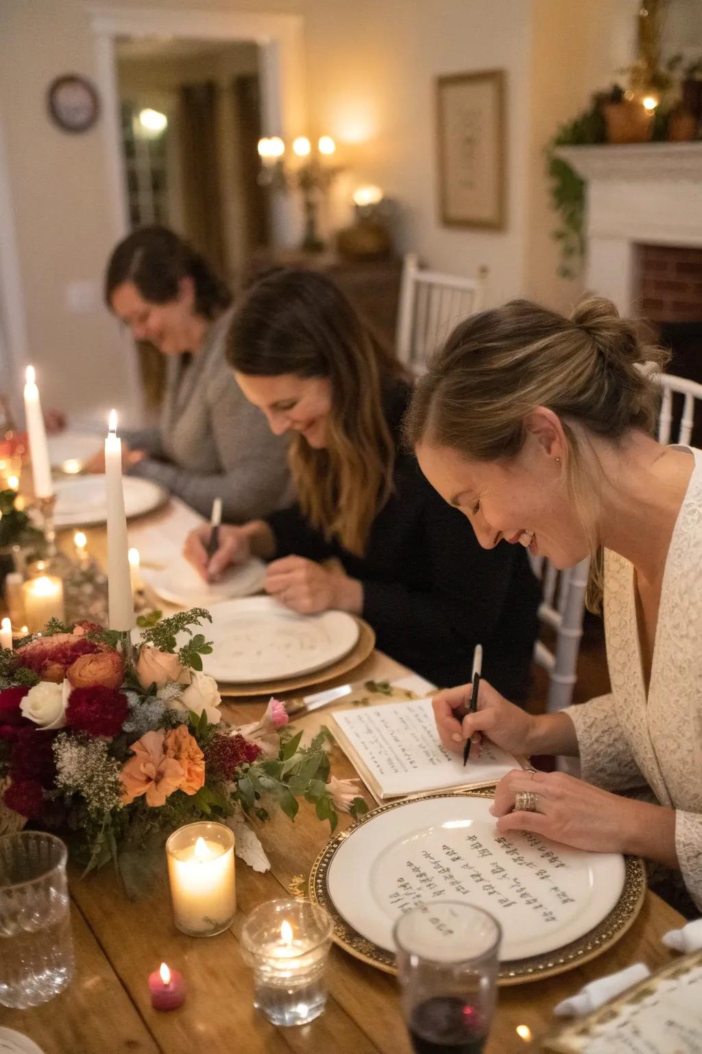 A dinner party where guests write on plates, sharing an intimate experience.