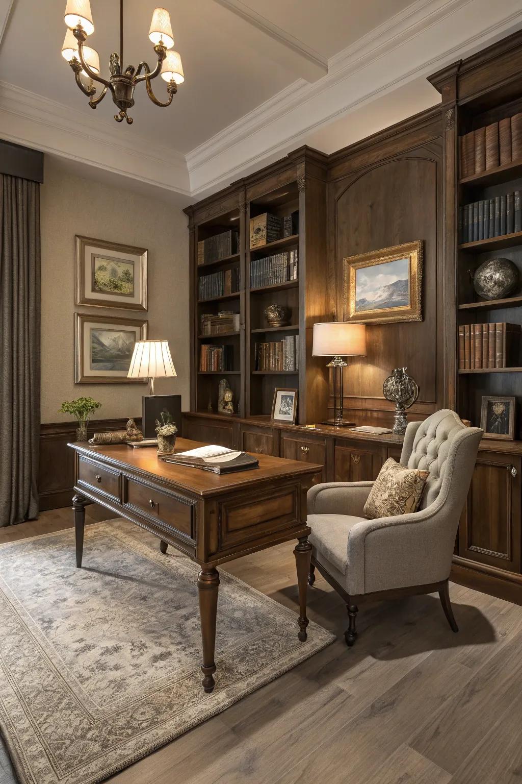 Pale grey walnut flooring contributes sophistication to this classic study.