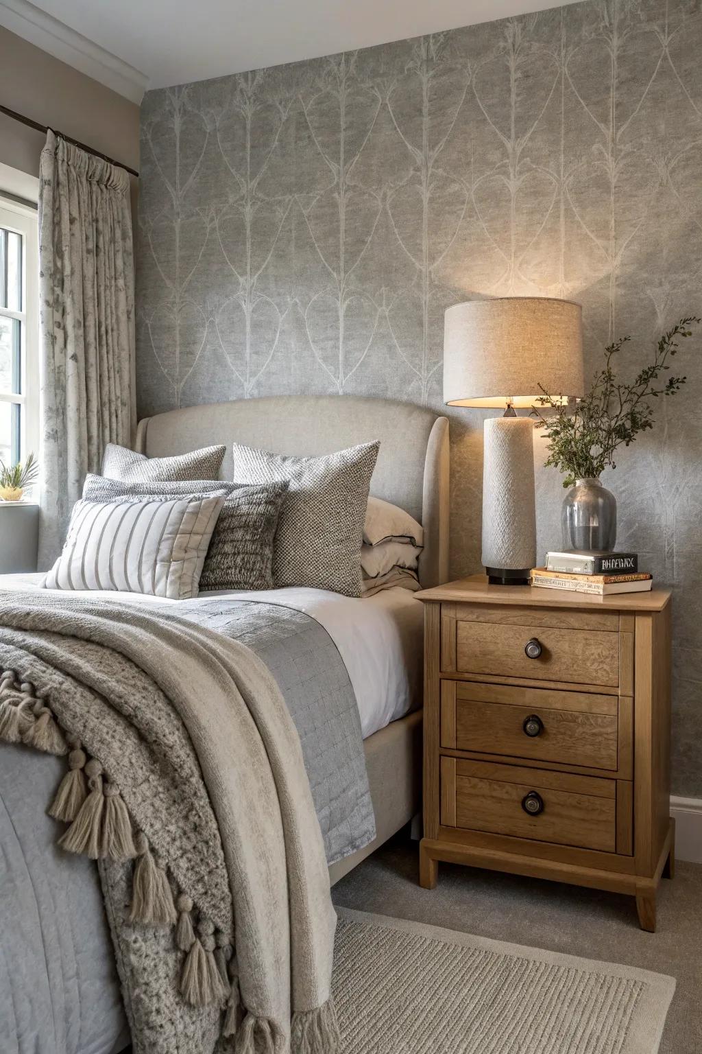 Layered textures improve coziness in a pale grey sleeping space.