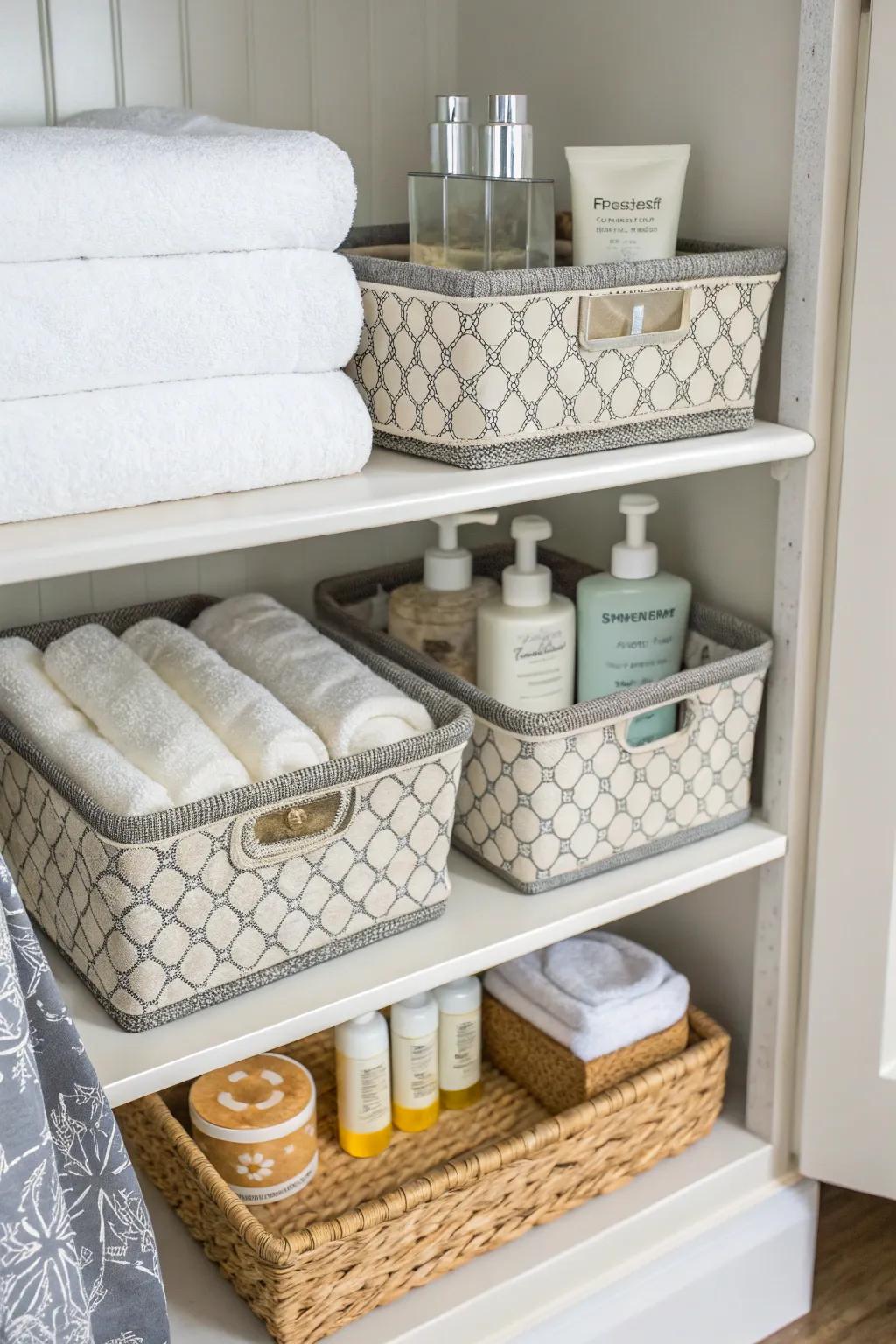 Stylish trays add both function and flair to a linen closet.