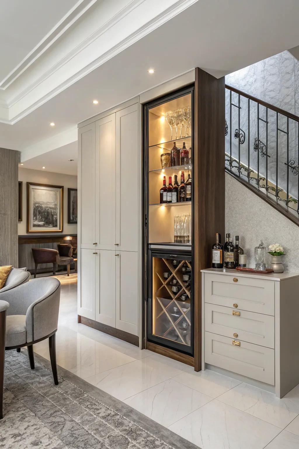 Elegant storage using fixed carpentry.