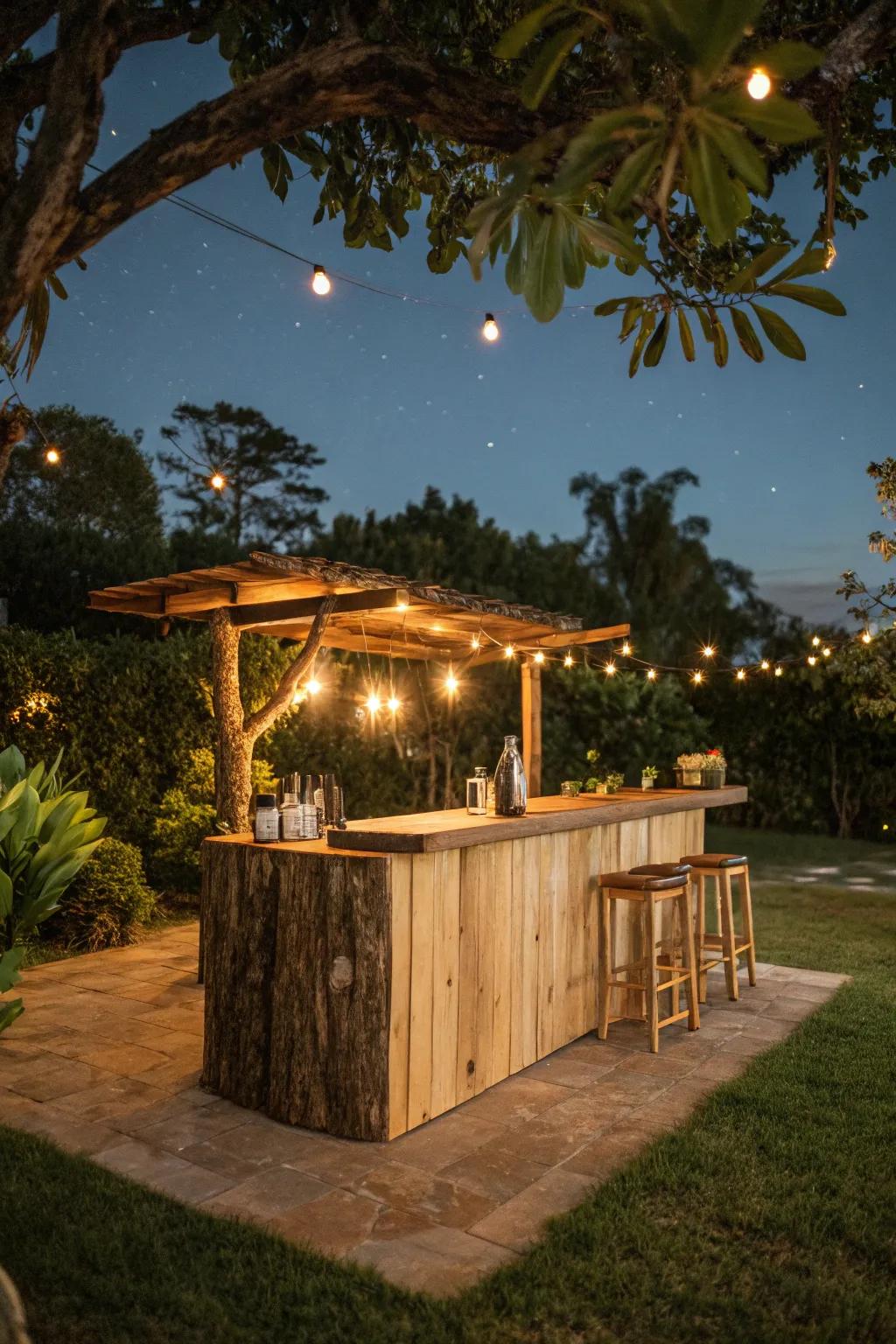 A natural-edge bar within a backyard patio, crafting an inviting outdoor hideaway.