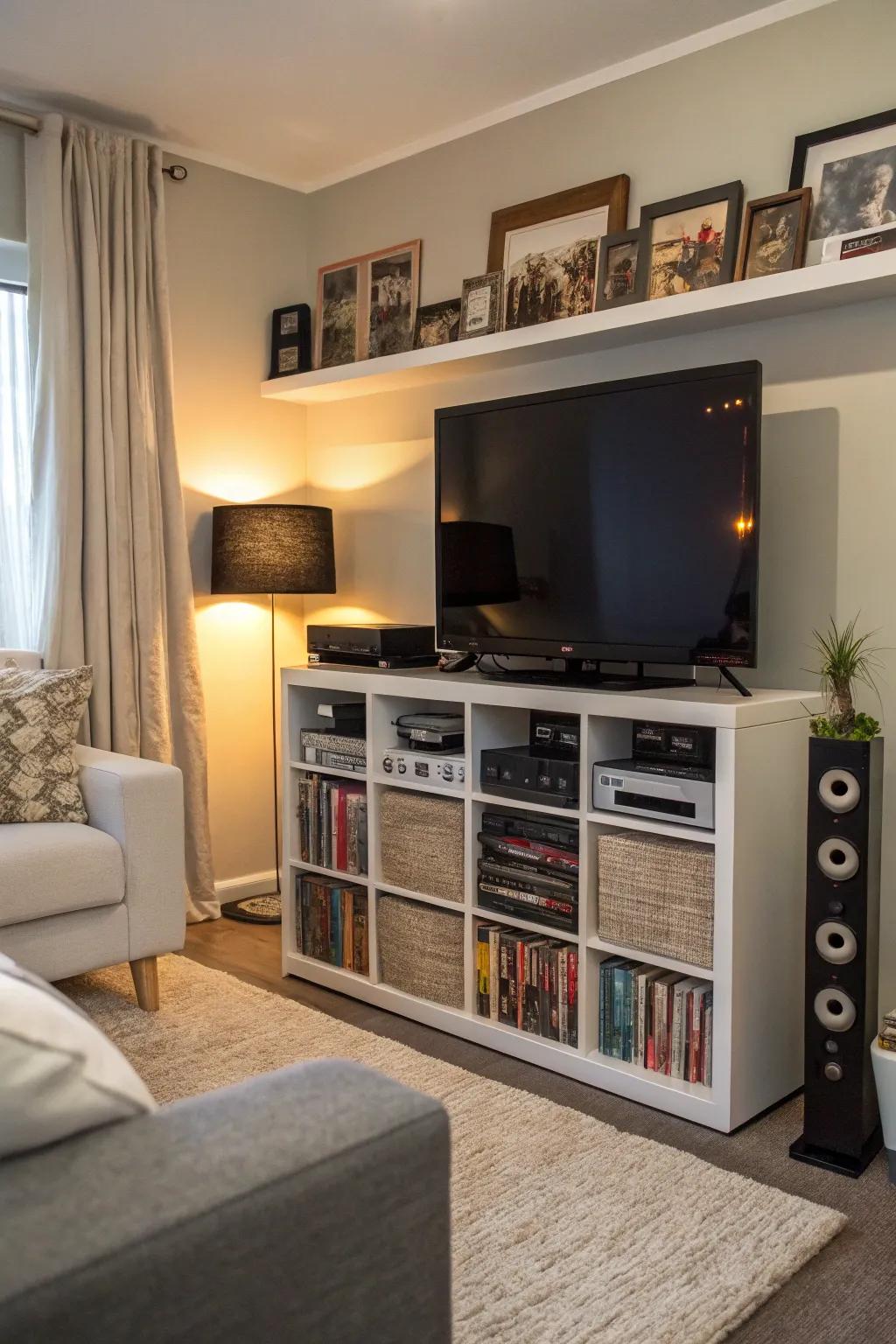 A space-saving media station created using versatile cube storage.