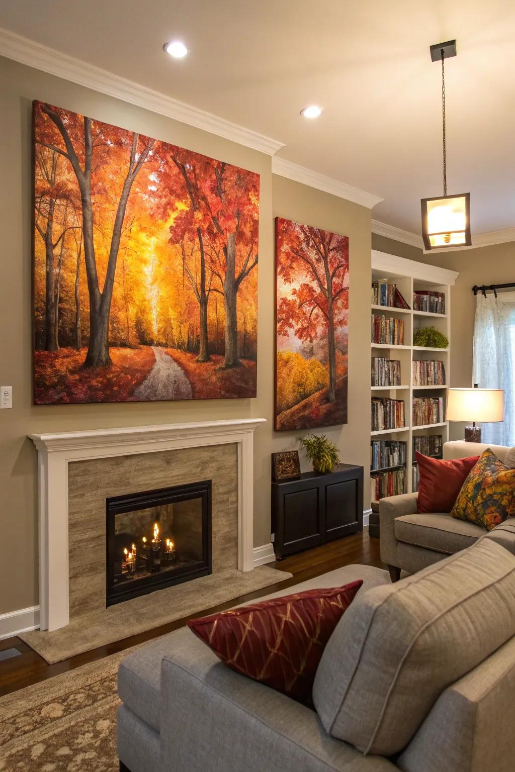 Fall-themed wall decor complements the seasonal decor with remarkable beauty.