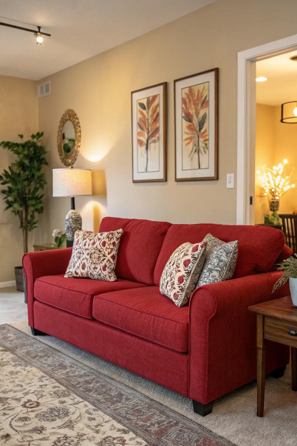 Accent walls bring equilibrium and profundity, impeccably enhancing a ruby settee.