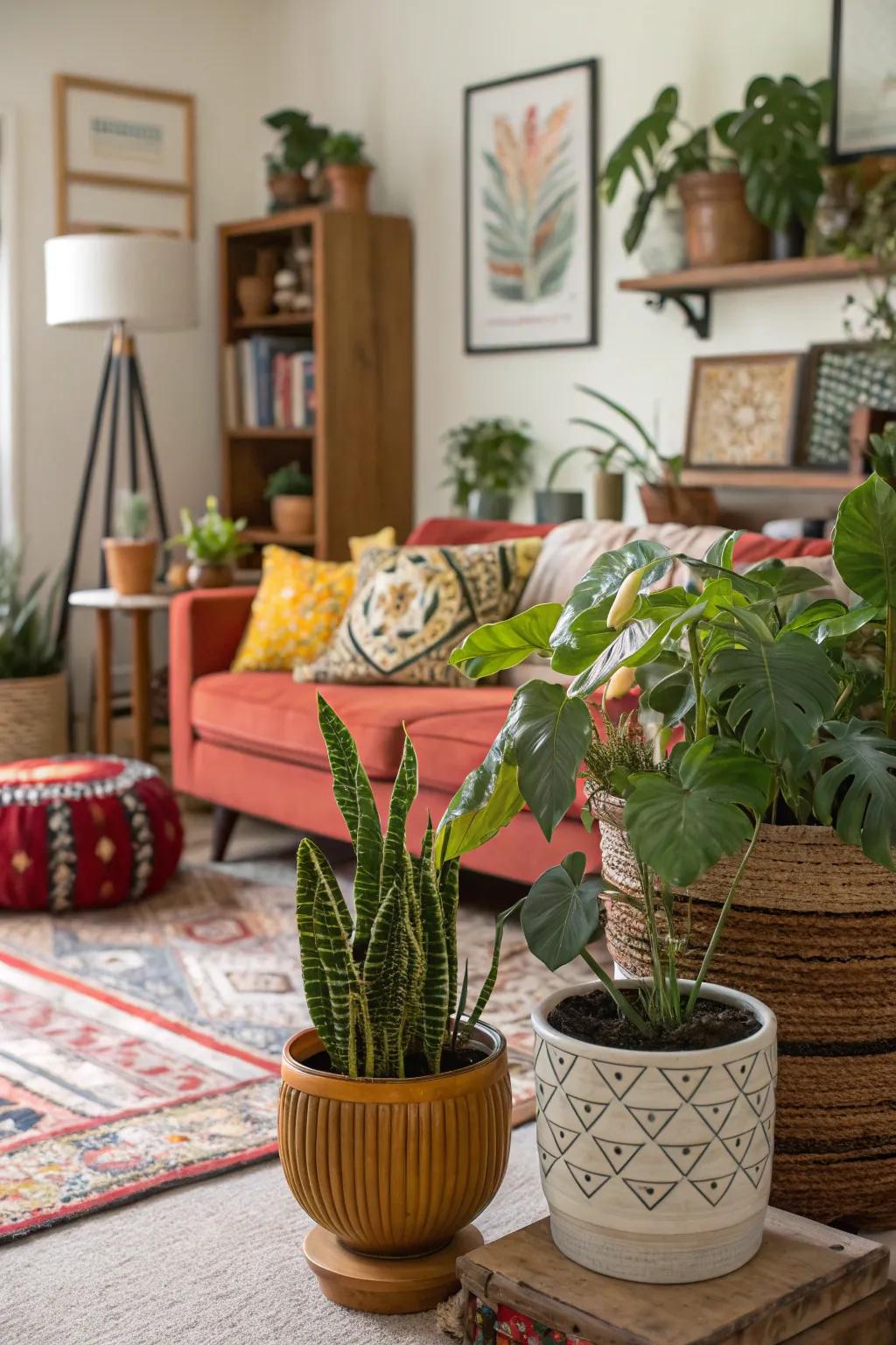 Varied intermix of planting vessels crafts a distinctive ambiance.