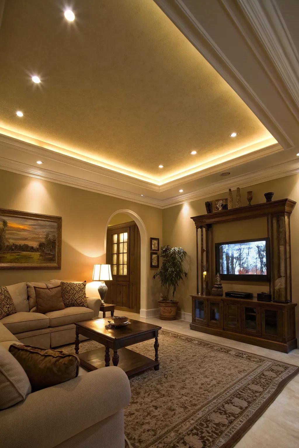 Directed up-lights add atmosphere and the appearance of height to lower ceilings.