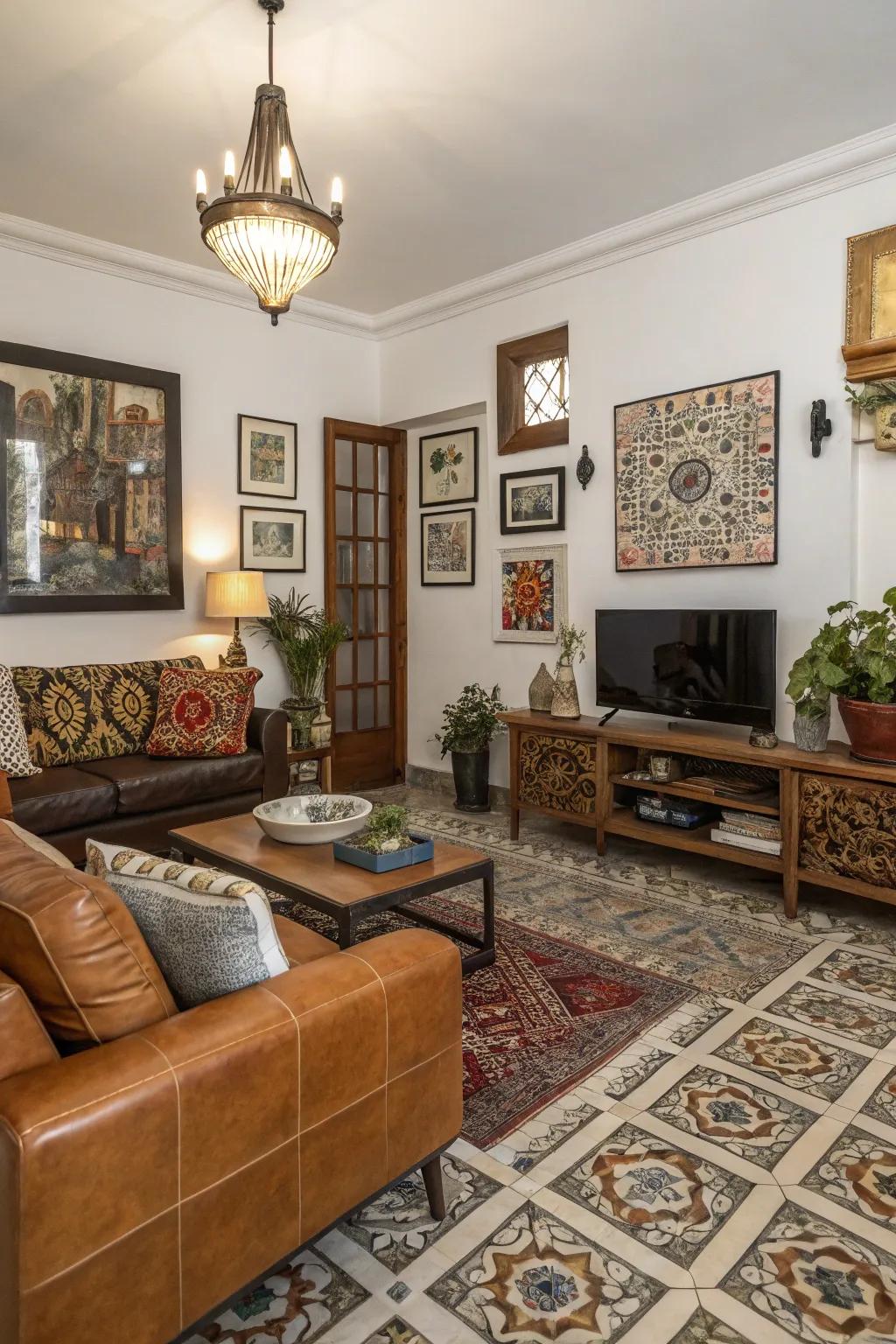 Dynamic living room with mixed-texture tiles.