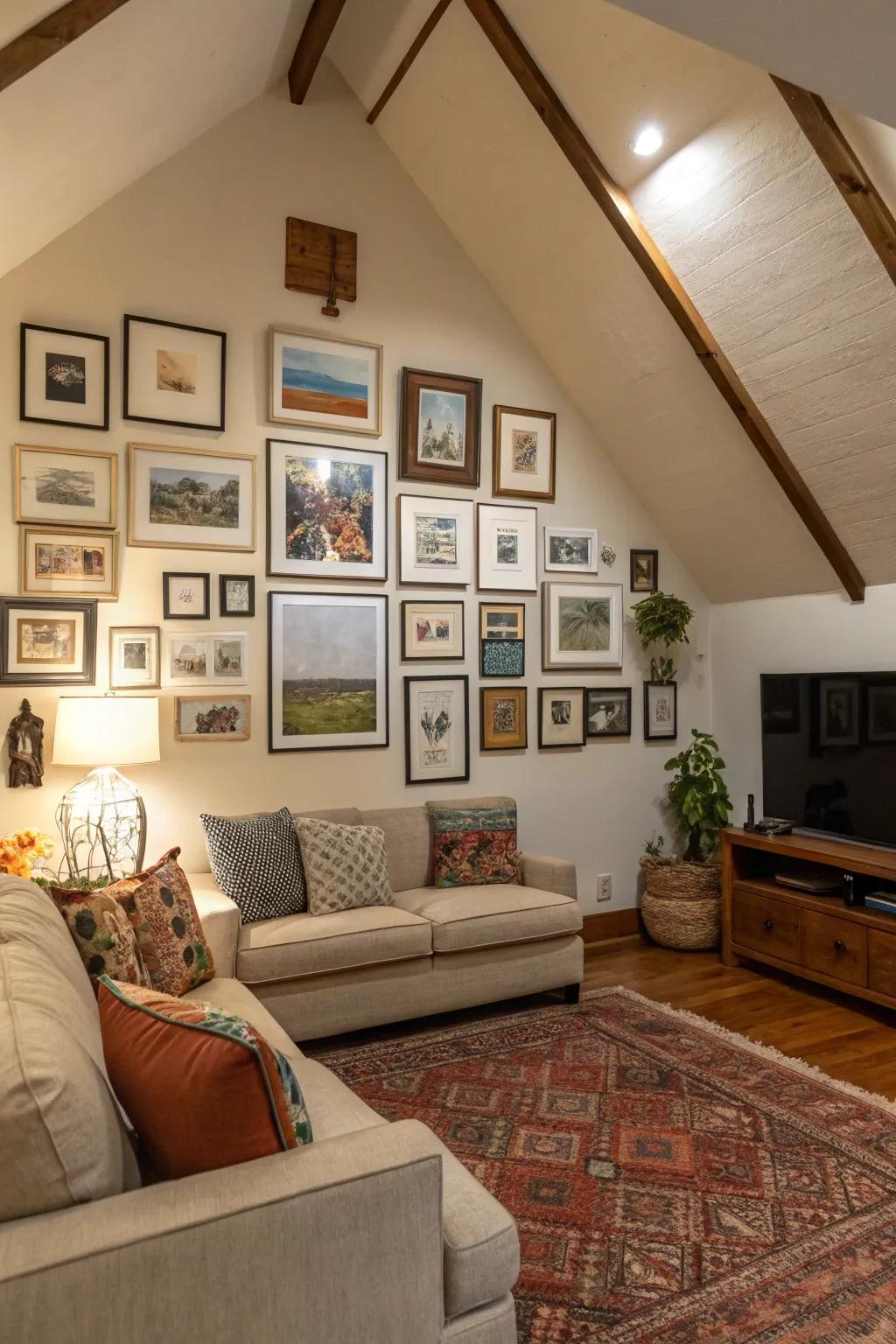 A curated collection personalizes and elevates a high ceiling area.