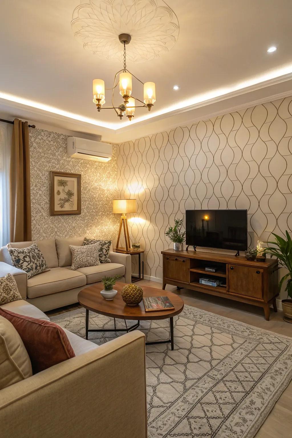 Textured wallpaper enriches depth and visual interest.