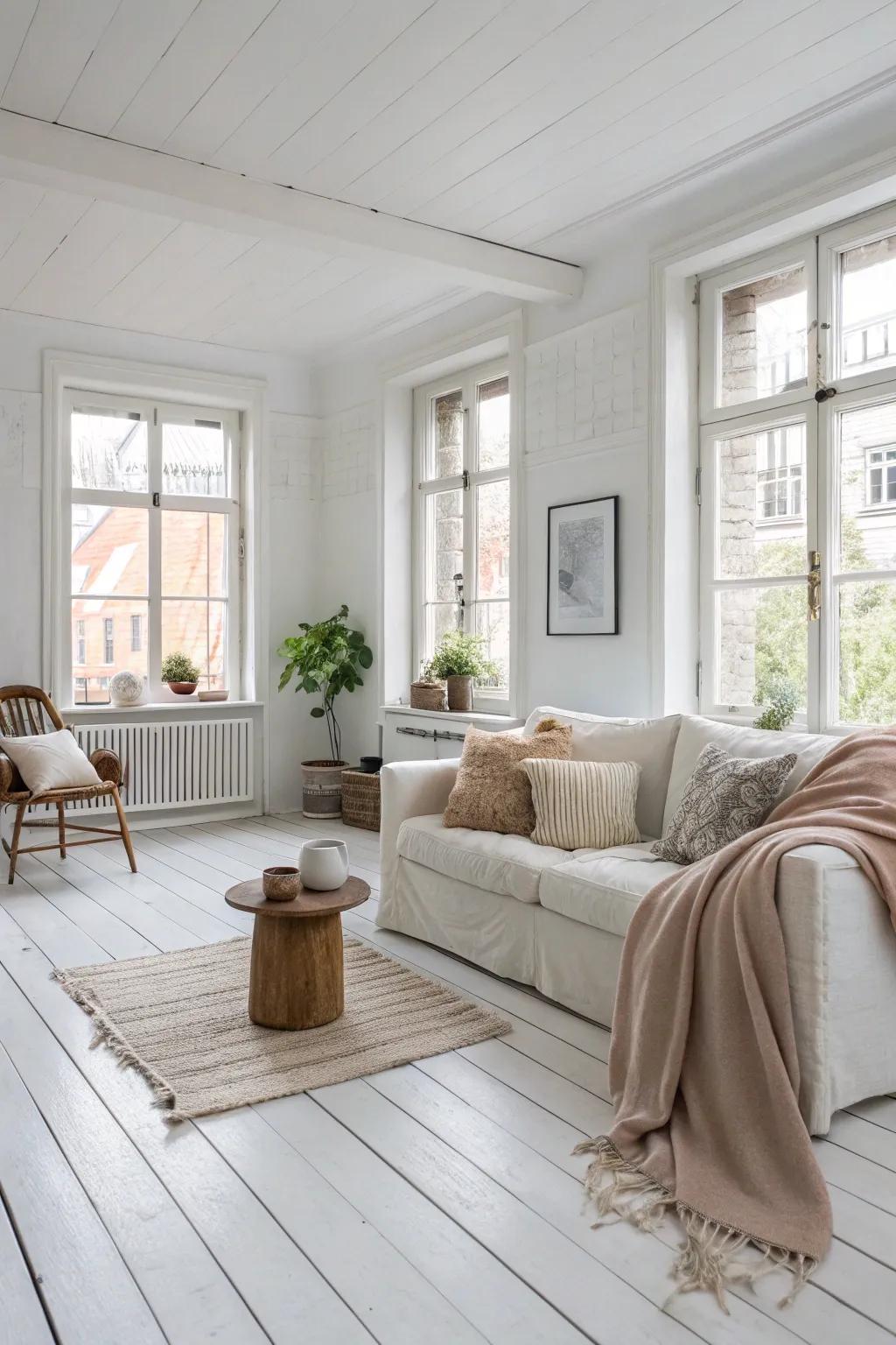 Scandinavian design’s simplicity and functionality shine on white wood floors.