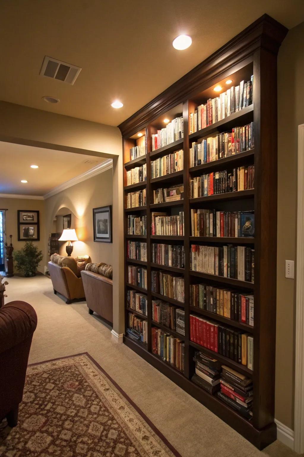 A wall of books creates a dramatic and cozy statement in your family room.