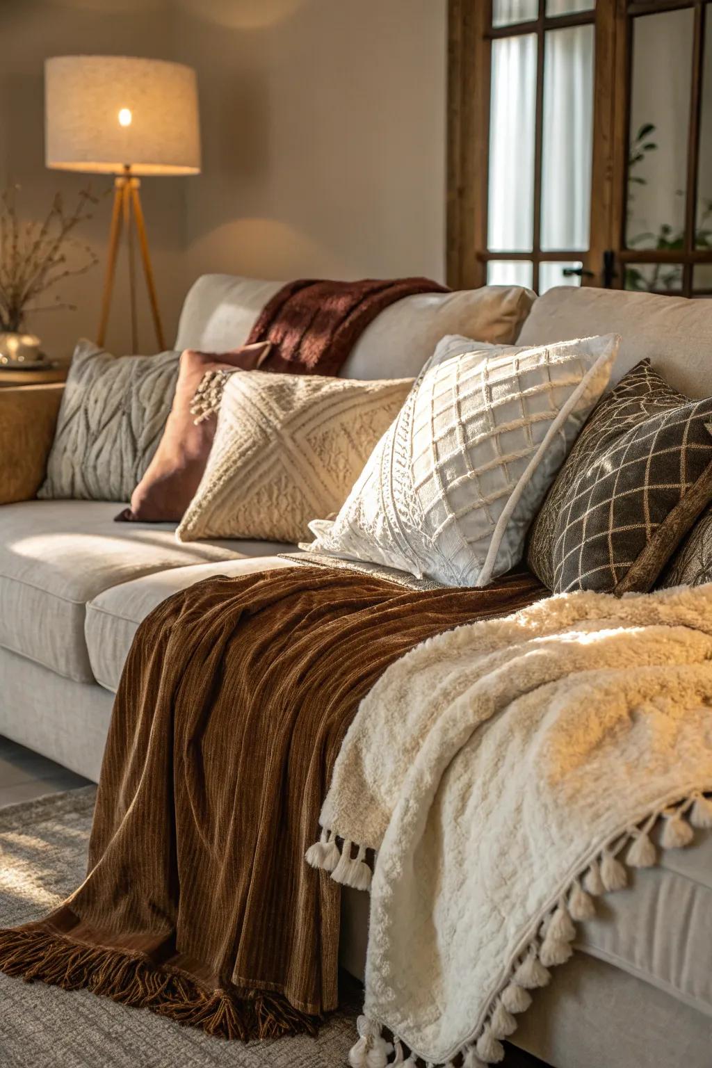 Layered materials add depth and interest, rendering your living area welcoming and sophisticated.