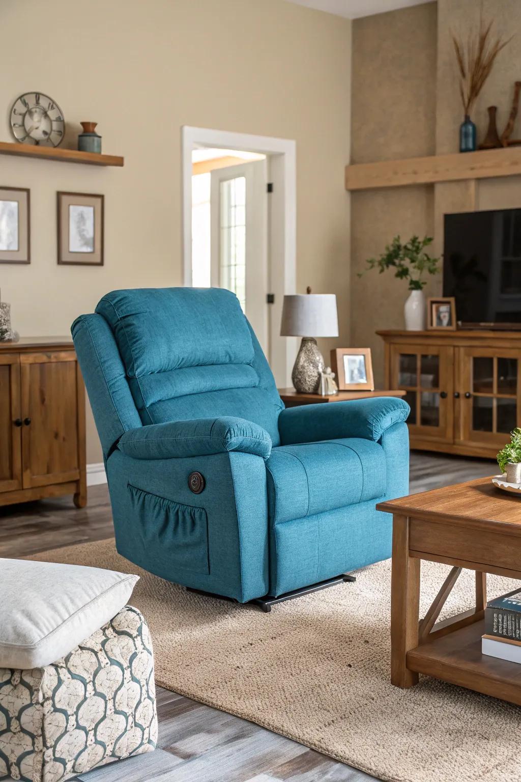 An eye-catching recliner commands attention as the centerpiece of this neutral-toned living room.
