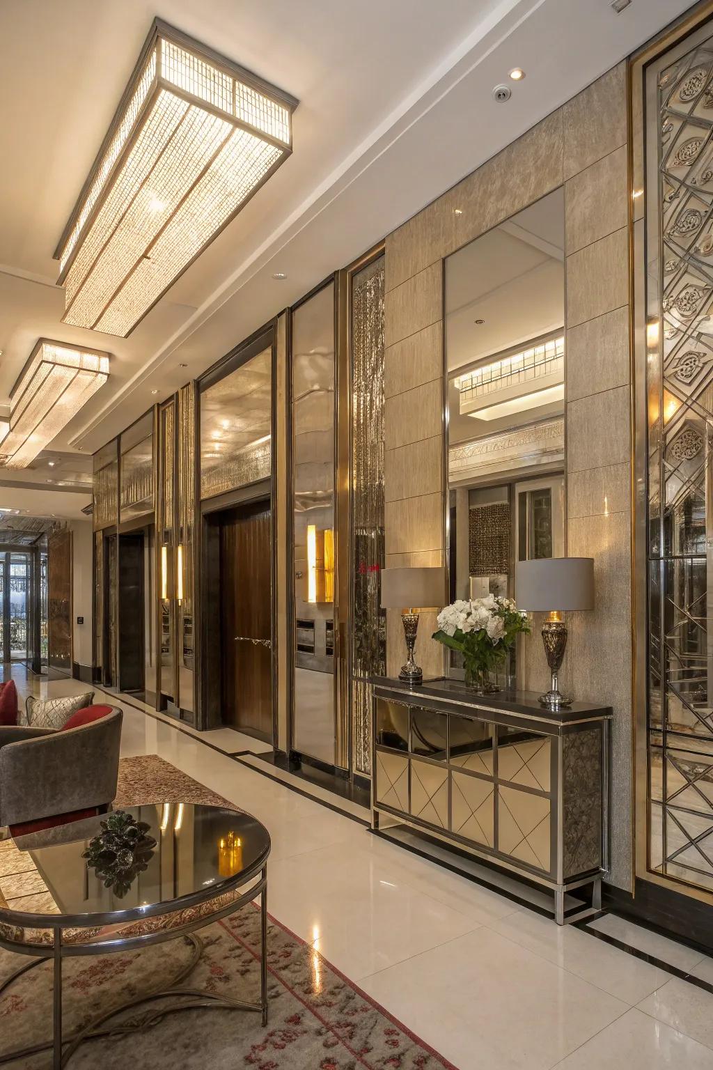 A luxurious foyer with reflective elements