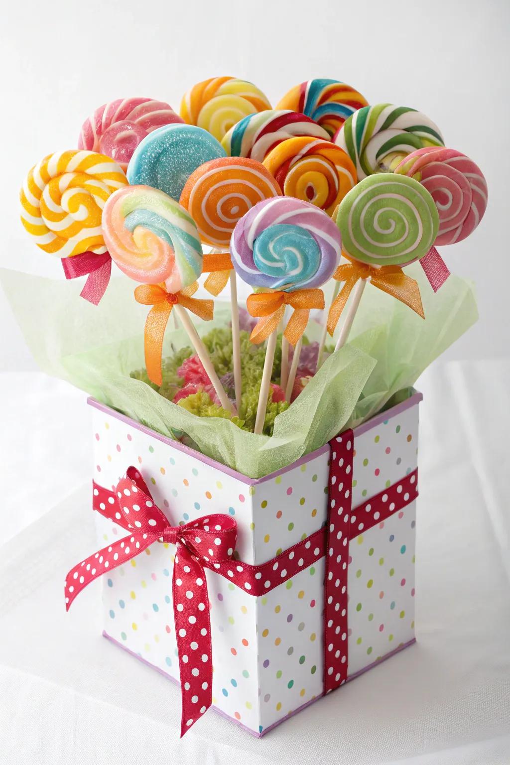 A startling sweet treat blossom arrangement within a present box