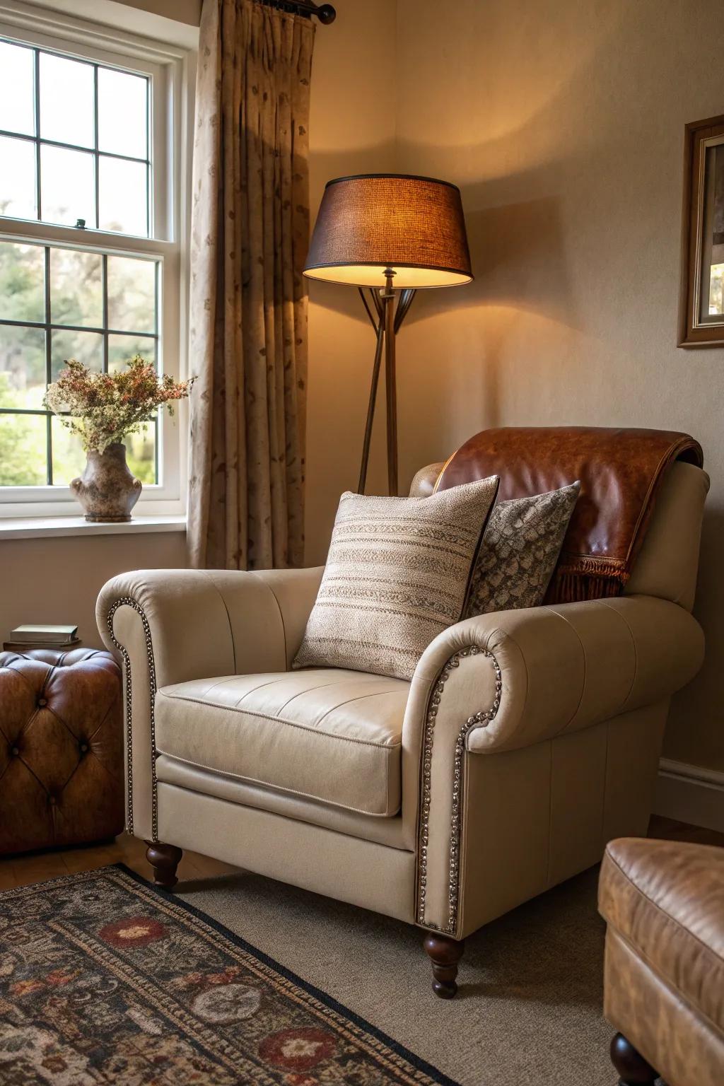 Leather details add warmth and texture.