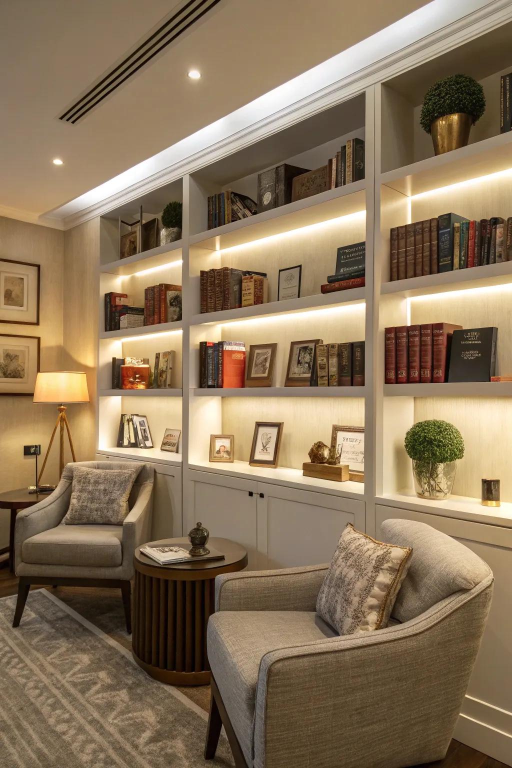 Fitted shelving merges storage with personal style.