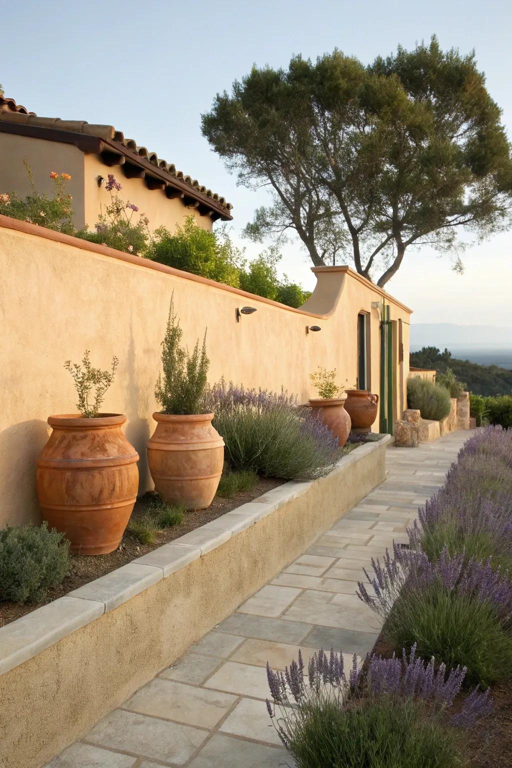 A low stucco wall enhances the Mediterranean impression of this front garden.