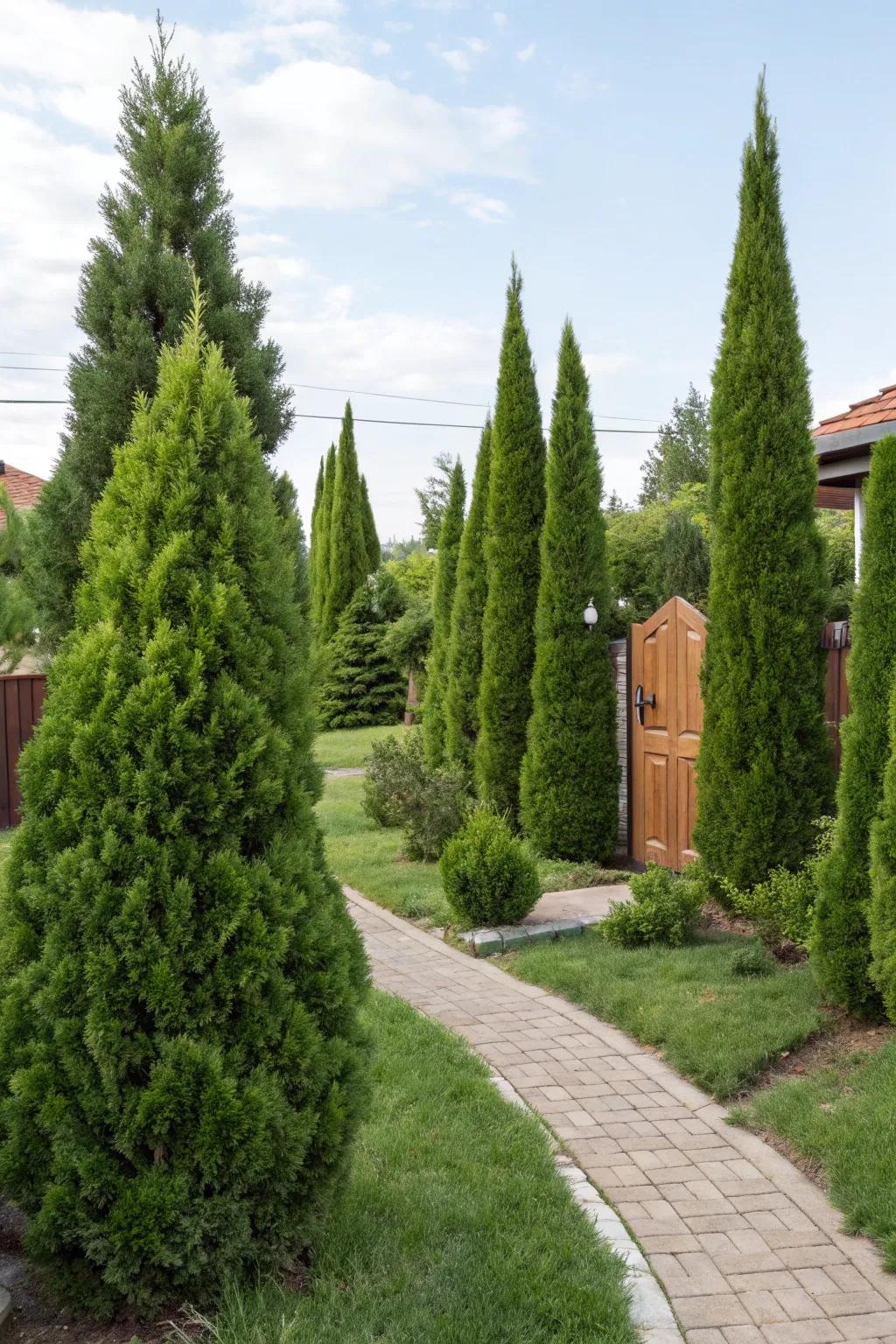 Evergreen plants offer year-round greenery in a front yard.