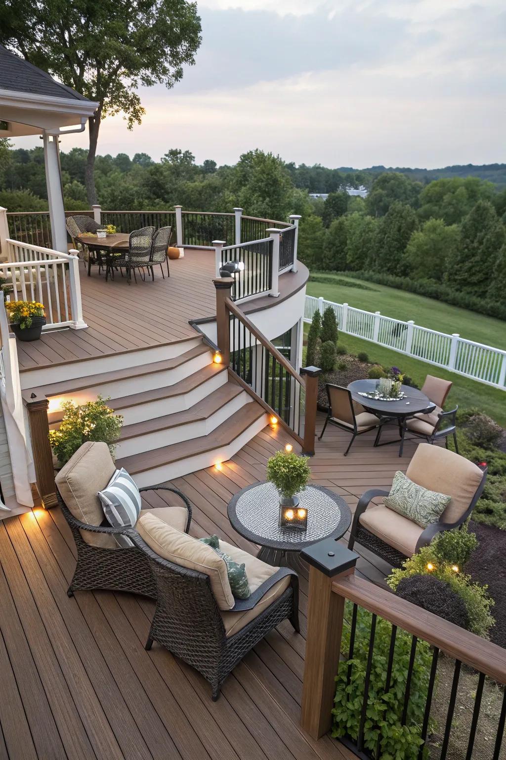 A multi-tier raised deck featuring various seating areas.
