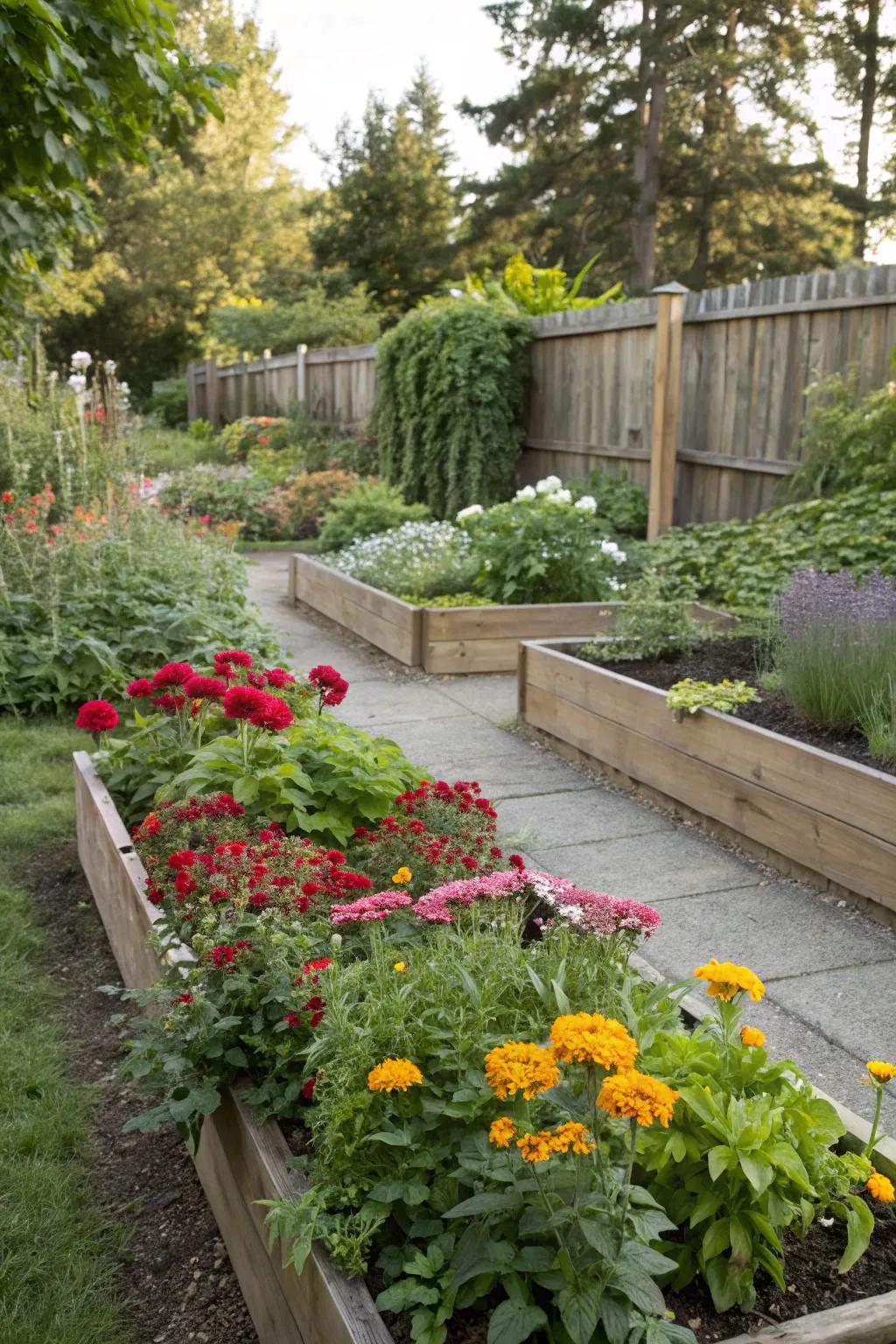 Elevated beds offer ease of care and a tidy garden appearance.