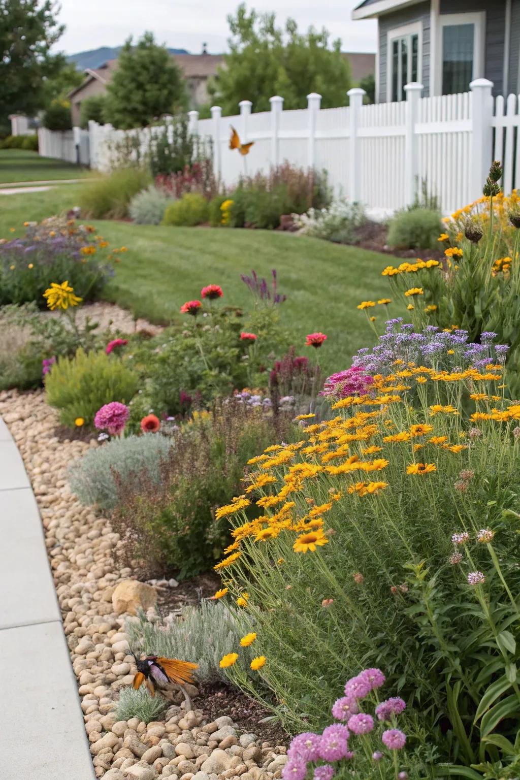 Perennial plants bring pollinators and seasonal color into a xeriscape yard.