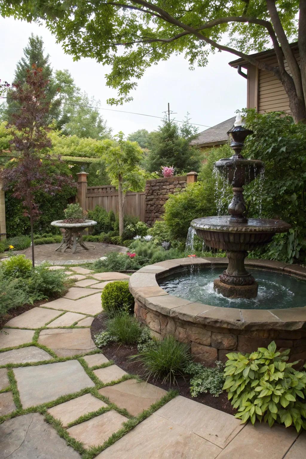 A serene water feature adding tranquility to the backyard.