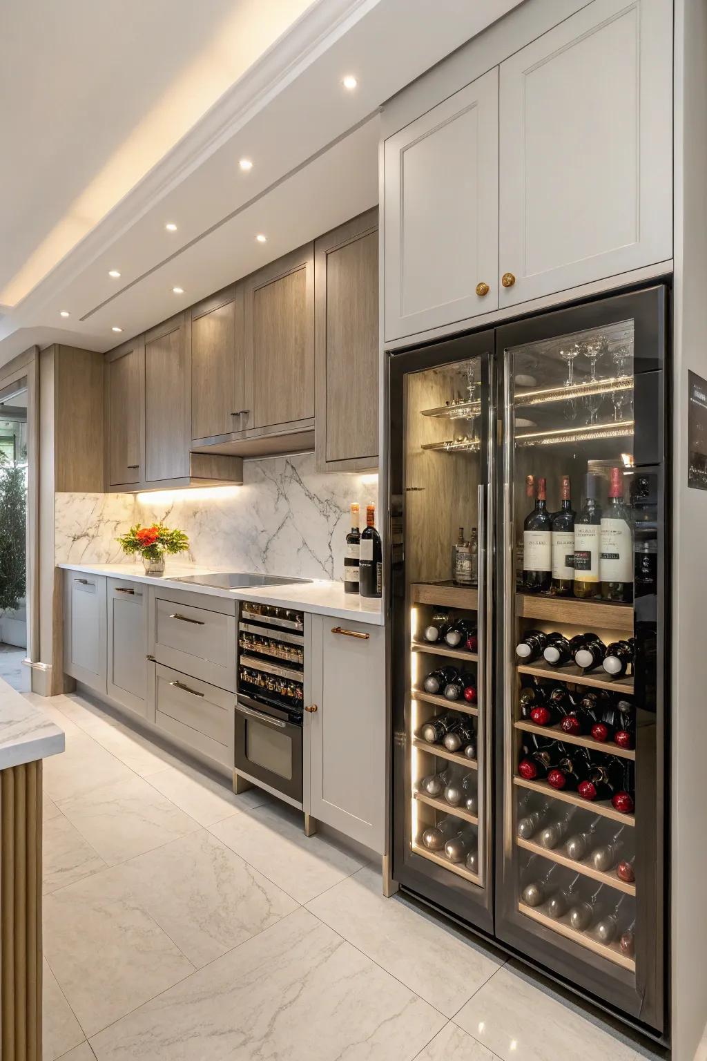 Wine preservation integrated into kitchen cabinetry.
