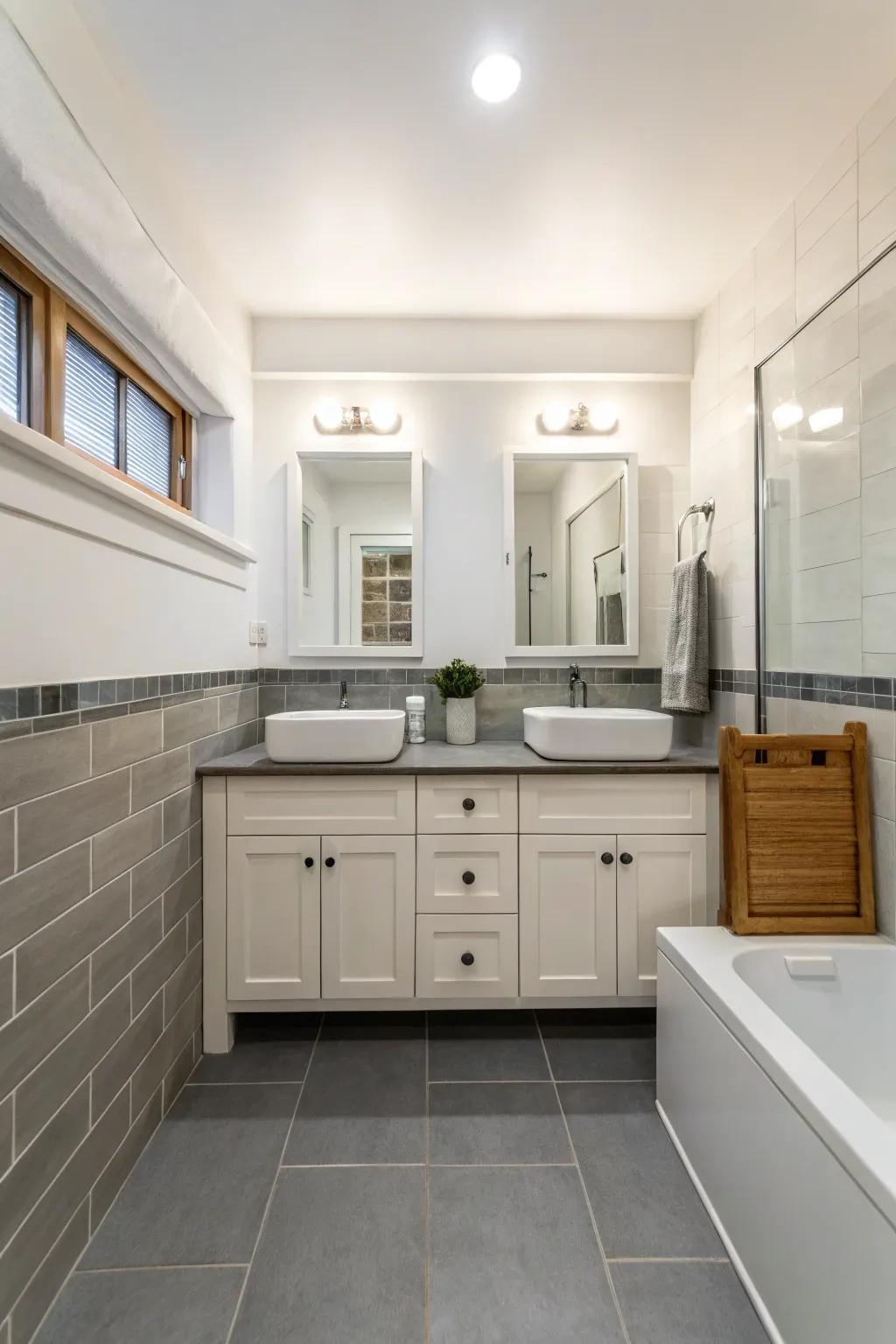 A bathroom featuring a subdued and calming hue palette.