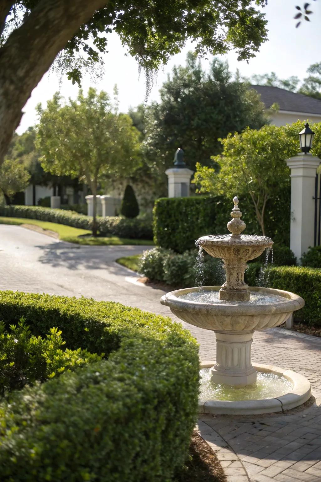 A serene fountain improving the entrance's charm.