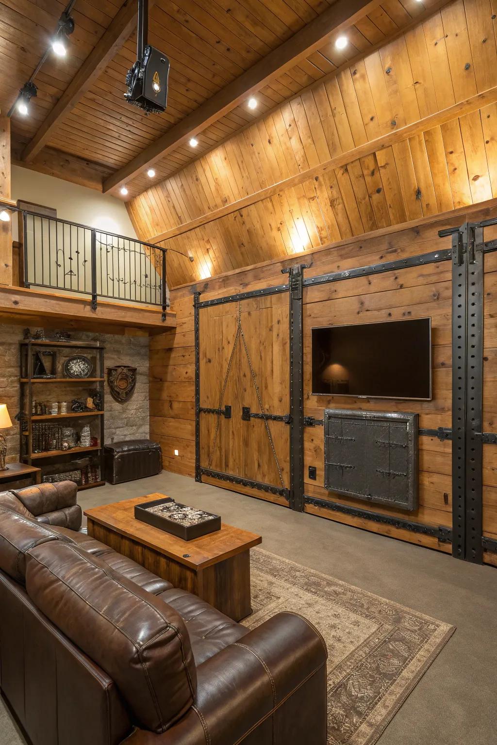 Wooden and metal textures enrich this man cave.