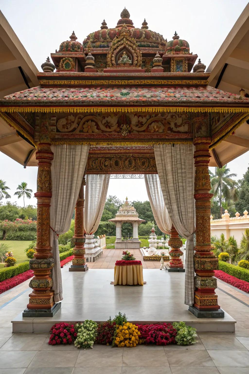A shrine-style altar offers spiritual grandeur with ornate details.