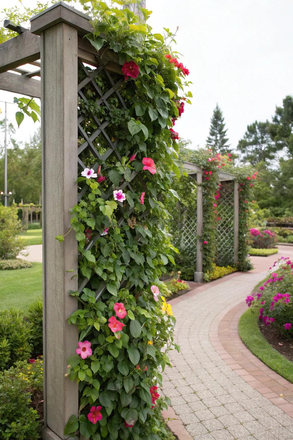 A support screen partition featuring blushing trumpet vine fashions separate and welcoming garden chambers.