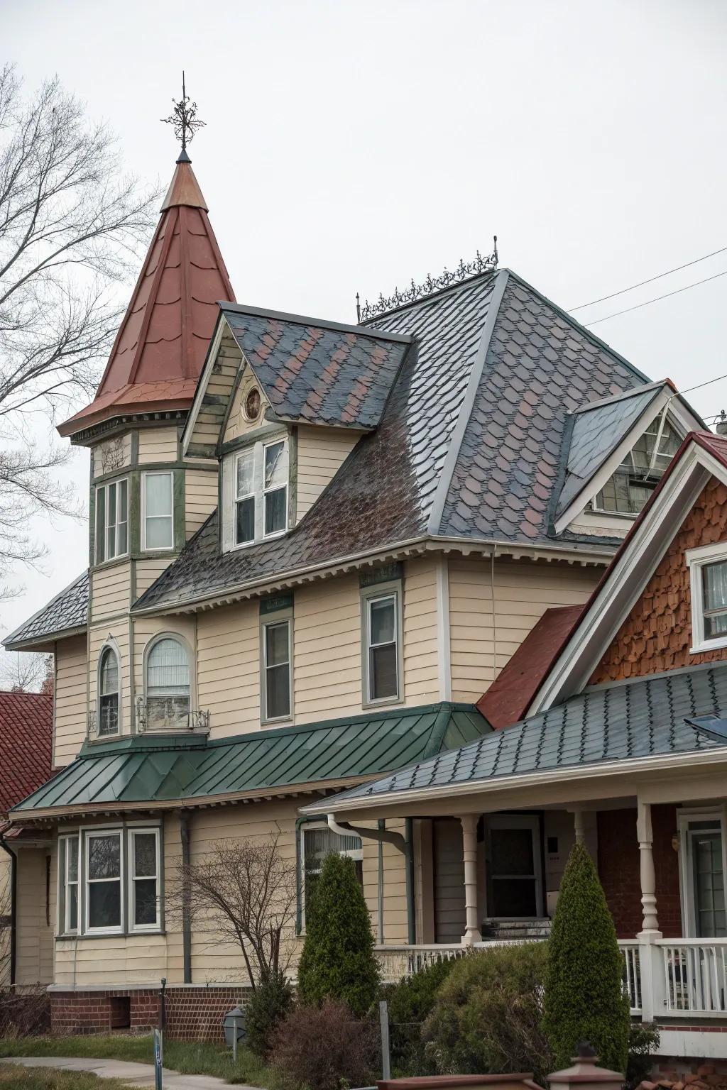 A mix of materials adds texture and richness to this mansard roof.