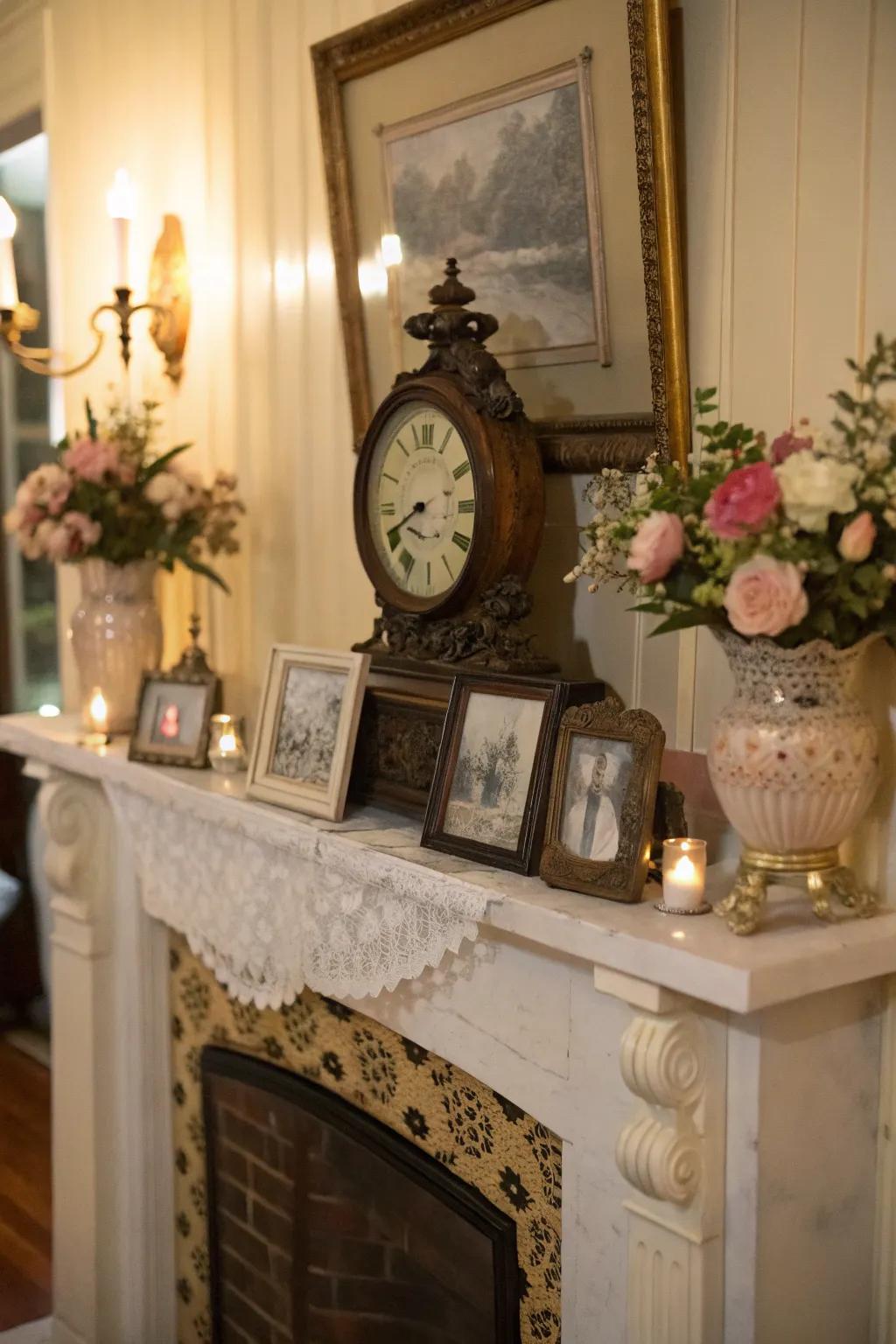 A vintage mantel with an antique timepiece and nostalgic accents.