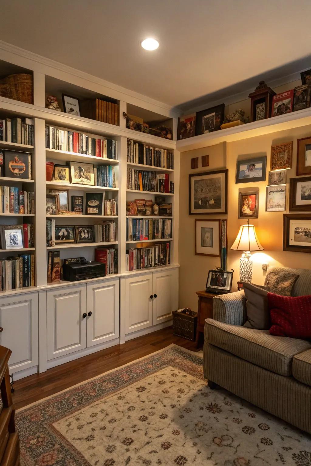 Bookshelves furnish both storage and flair in the retreat.