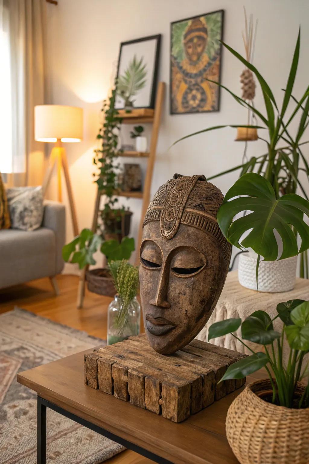 A natural mask artwork lending warmth to home environments.