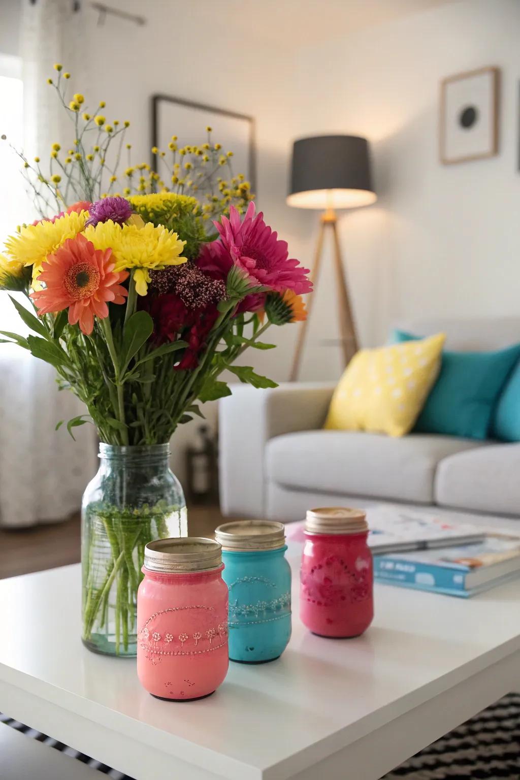 Vibrantly painted quart containers doubling as stylish flower holders.