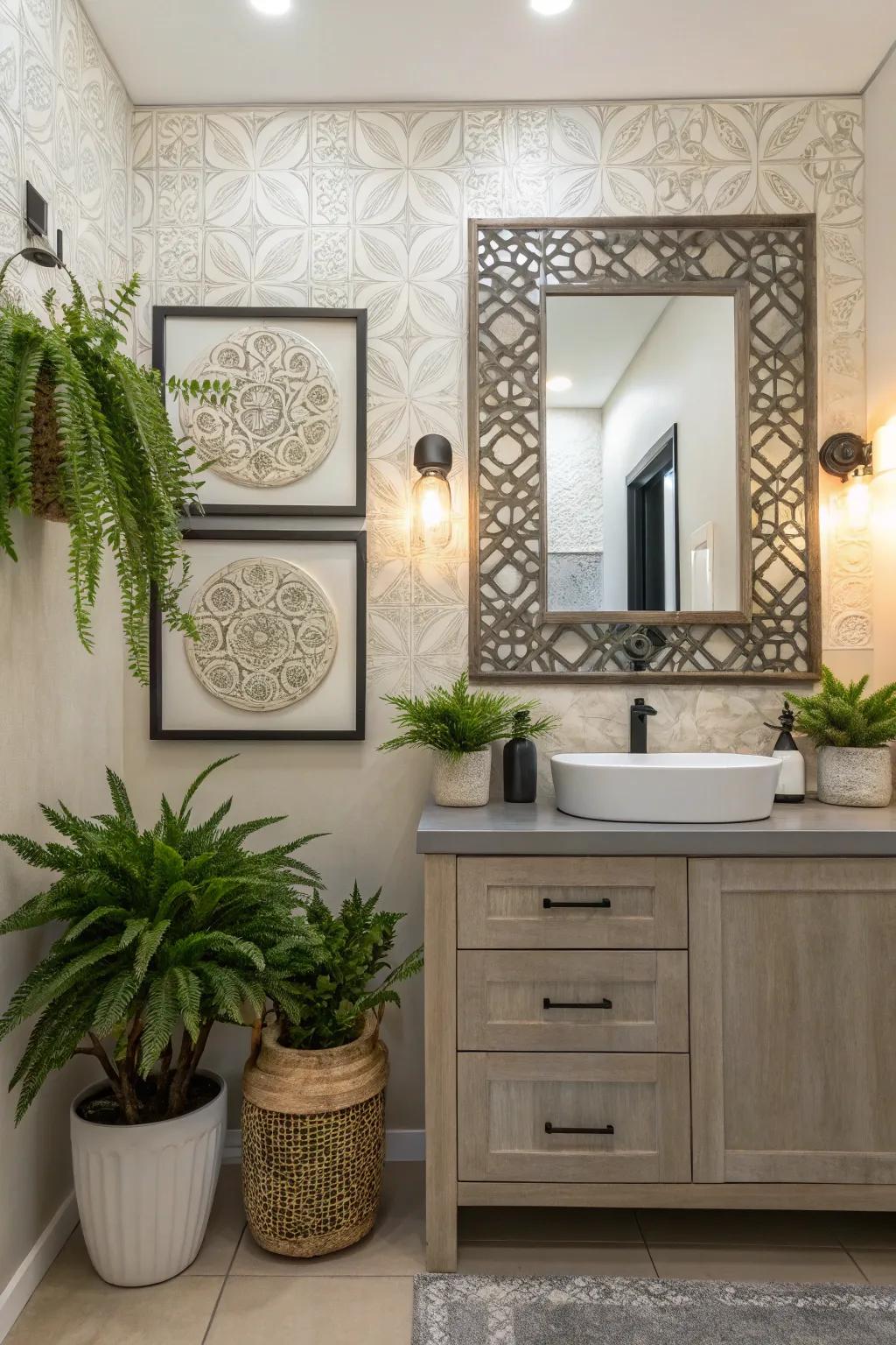 Bathroom enhanced through decorative plants and stylish wall art.