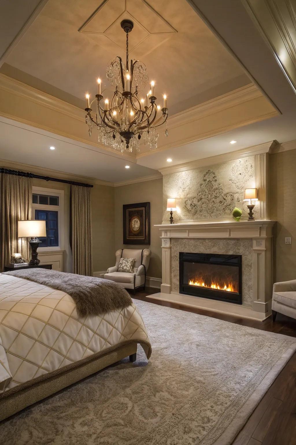 Opulence is elevated with luxury elements like a chandelier in this master bedroom.