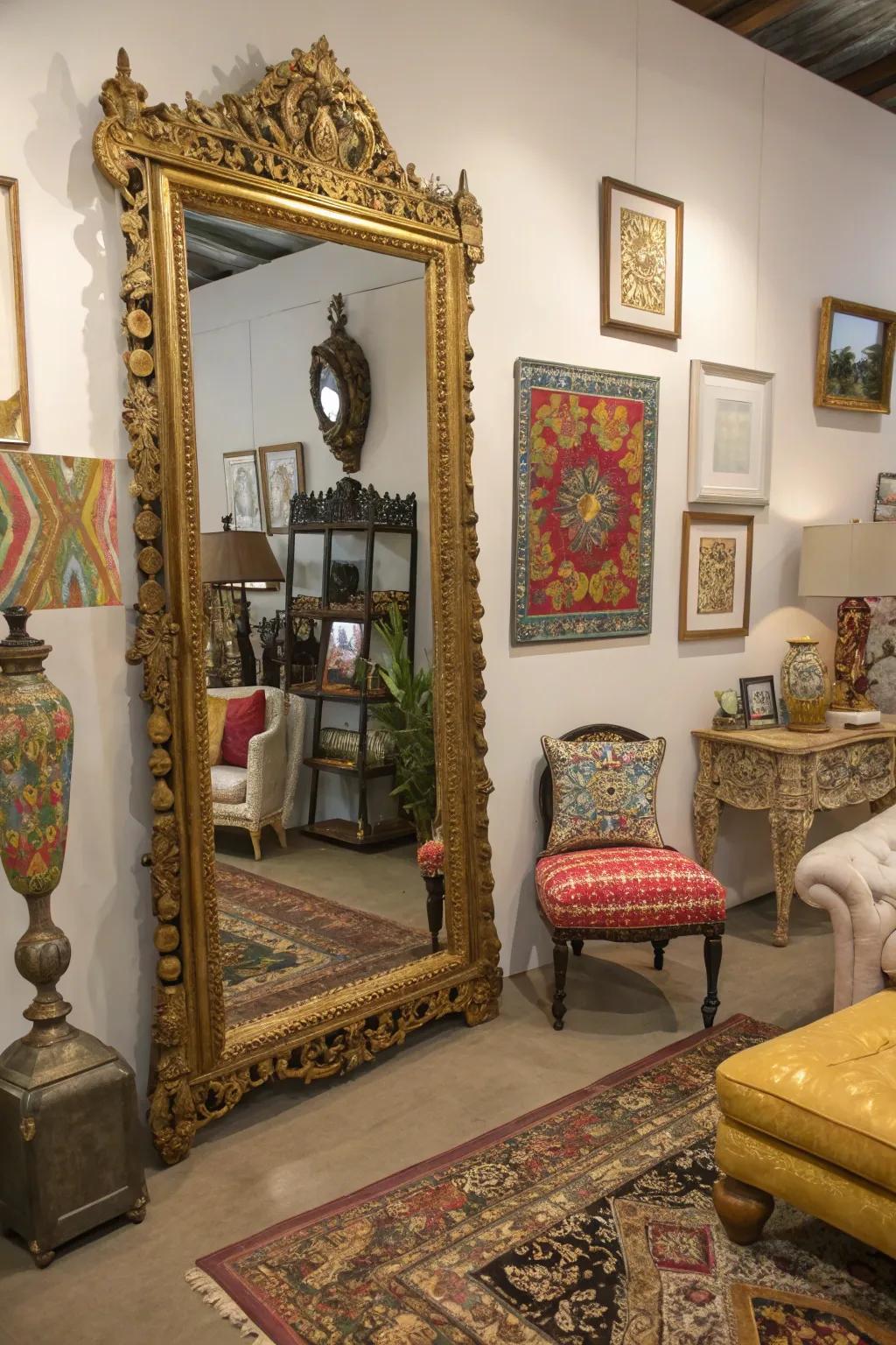 An antique looking glass adds history to this vibrant room.