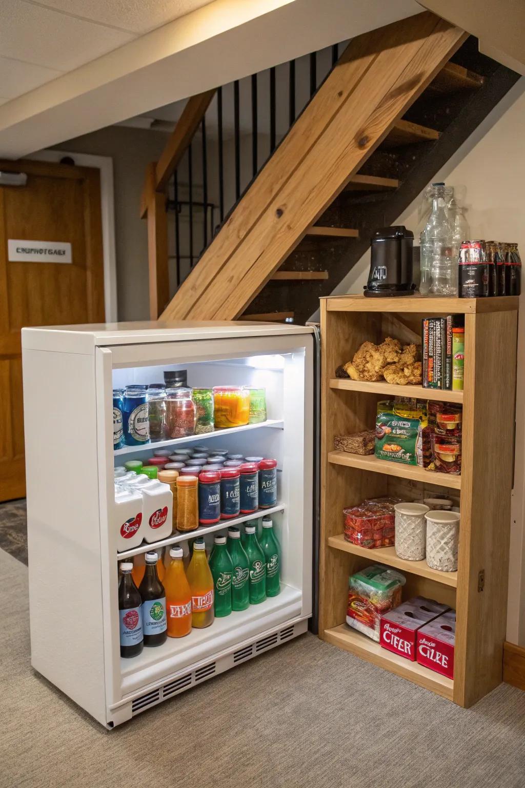 Stay refreshed with a convenient mini fridge stocked with your favorite treats.