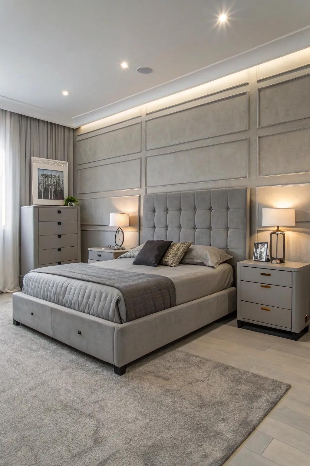 Elegant furniture enhances the minimalist appeal of the grey bedroom.