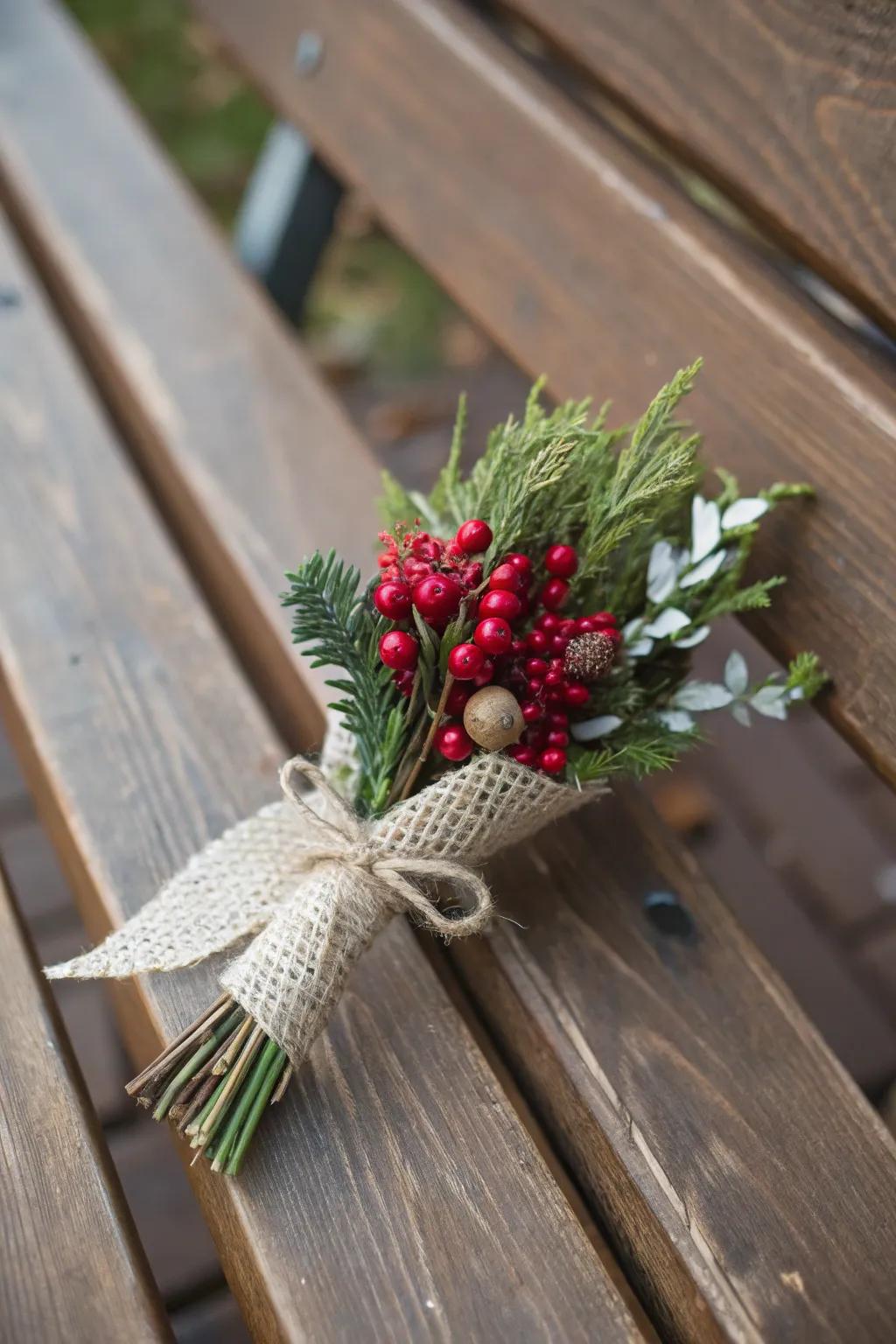 A berry and verdant boutonniere offers natural refinement.