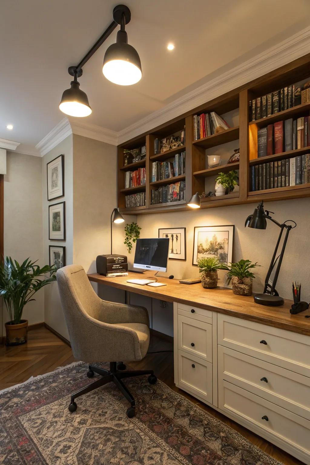 Accent lighting adds warmth and style to this home office.