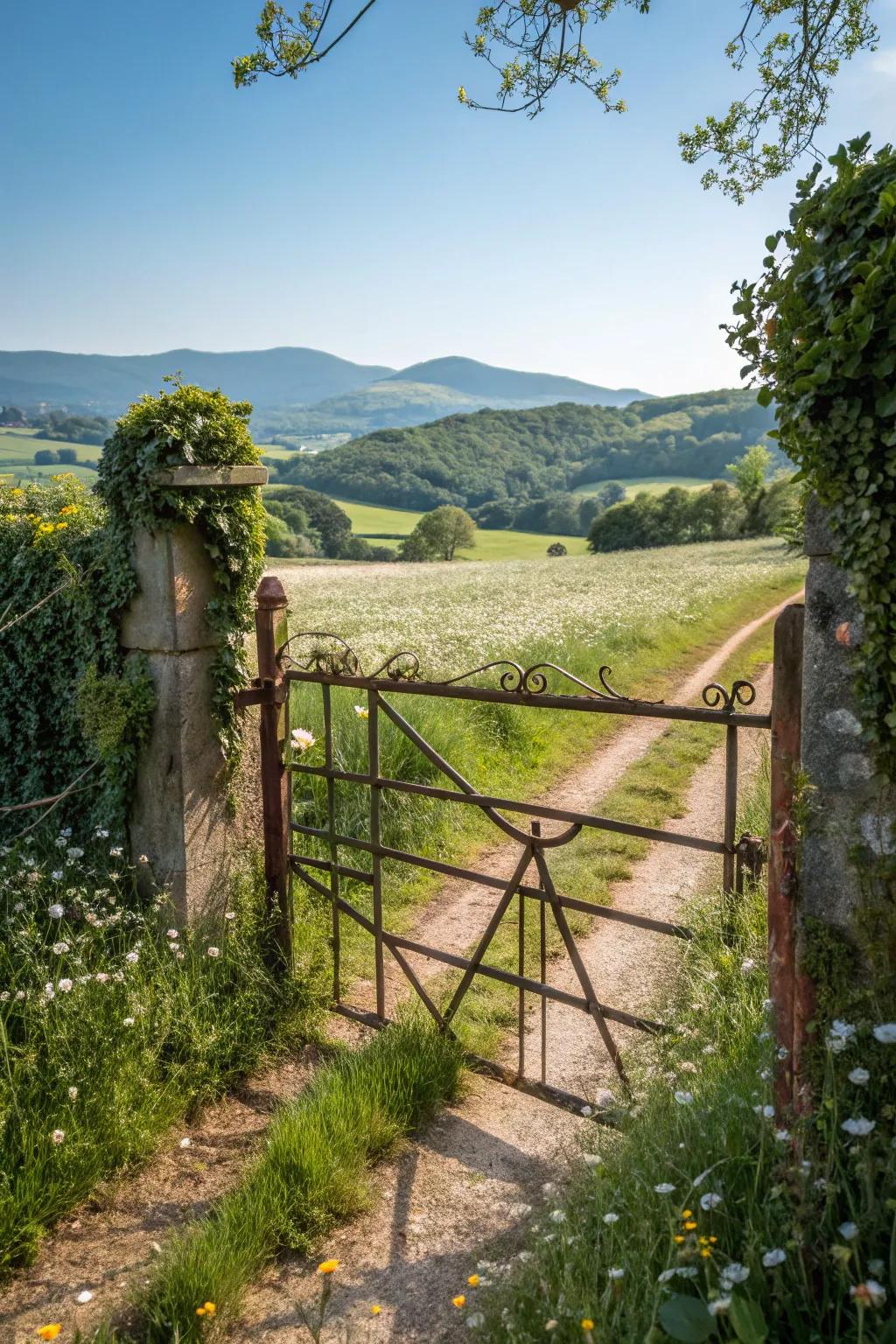A rustic metal gate that conveys a sense of sentimentality and charm.